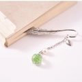 Silver metal feather bookmark with green dried flower and pearl glass ball pendant - Green Gypsophila