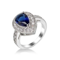 Silver ring with pear-shaped sapphire blue zircon and small clear stones inlay - Deep Blue Pear Style (96143-)