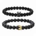 Matte schwarze Steinperlen Kronenarmbänder für Paare mit Gold- und Gunmetal-Akzenten - Dumme Schwarze Steinkrone + Dumme Schwarze Steingreifer-krone Aus Schwarzem Zirkonium