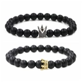 Pärchen-Armbänder aus schwarzen matten Steinperlen mit Gold- und Silberkronen - Krone Aus Mattschwarzem Stein + Krone Aus Mattschwarzem Stein Und Platinschwarzem Zirkonium
