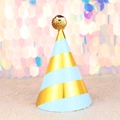 Light blue and gold foil striped party cone hat with sparkling golden tinsel pom-pom - Blue Gold Stripe Sequin Ball Hat