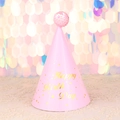 Pink paper birthday party hat with gold Happy Birthday text and pink sequin pom pom - Pink Happy Birthday Sequin Ball Hat