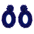 Detail of handmade bohemian dark blue seed bead earrings with oval drop design - Dark Blue