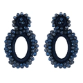 Detail of handmade deep blue beaded earrings with Bohemian geometric double-tier design - Navy Blue