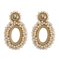 Detailed view of bohemian style earrings crafted with beige beads and gold thread work - Off White