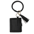 Detail of black PU leather card holder set with leopard style wrist ring and gold buckle - Wave Edge Lychee Texture / Black