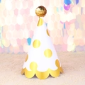 Cone birthday party hat in white with gold polka dots and a sparkling gold pompom top - White Gold Polka Dot Wavy Sequin Ball Hat