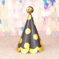 Black party hat with gold polka dots, gold scalloped edge, and shimmering pom-pom top - Black Gold Polka Dot Wavy Sequin Ball Hat