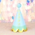 Light blue party hat with a gold wavy edge and a blue tinsel pom-pom on top - Blue Color Blocking Happy Sequin Ball Hat