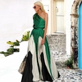 Detail eines One-Shoulder-Maxikleides mit grün-weiß-schwarzen Farbblöcken für Damen - Grün-Schwarz / S