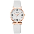 Close-up of rose gold watch with white leather strap and crystal bow ornament - White