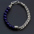 Men's blue tiger stone bead and stainless steel link chain bracelet with lobster clasp - Lapis Lazuli