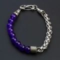 Detail of tiger stone bracelet with purple beads and silver stainless steel braided chain - Purple Gold