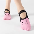 Pink and black yoga socks with cat face pattern and double elastic straps for women - One Size / Light Pink