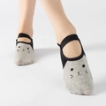 Gray and black cat pattern yoga socks with 3D ears and non-slip ballet strap design - One Size / Light Gray