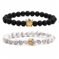 Kroon paar armbanden set met wit turkoois en zwarte matglanzende tijgeroog stenen - Wit Turkoois Kroon & Mat Zwart Goud Kroon (Set)