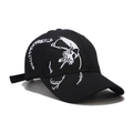 Close-up of high-quality white skull embroidery on a black cotton twill baseball cap - Adjustable / Right Side Embroidery Black