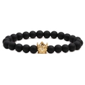 Matte black beaded crown bracelet with gold accents and rhinestones on white background - Matte Black Gold Crown (Single)