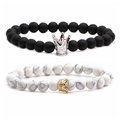 Ensemble de bracelets en perles couronne en pierre noire mate et turquoise blanche - Perles Noir Mat Et Turquoise Blanche Avec Couronne Argent