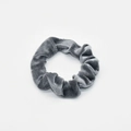 Elastic velvet scrunchie in dark grey finish shown on a clean white background - Silver Gray