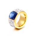 Gold wide band ring with square blue gemstone and pave-set white diamonds decoration - Gold Blue Square Zirconia Style (KR32064-K)