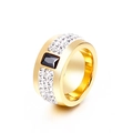 Golden wide ring with rectangular black gemstone and rows of sparkling white zircons - Gold Black Rectangular Zirconia Style (KR32063-K)