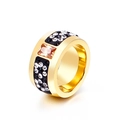 Exaggerated gold ring with black enamel, white zircons and amber crystal stone - Gold Champagne Zirconia Enamel Style (KR32062-K)