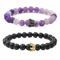Bracelets de couple en pierres noires mates et violettes avec charme couronne en zircon - Ensemble Couronne Noir Fusil Pierre Vieillie