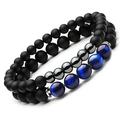 Matte black agate and blue tiger eye double-layer beaded stretch bracelet for men - Matte Black Hematite Blue Tiger Eye Set (Style 3)