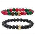 Matte black agate and marble stone beaded crown bracelets for couples on white background - Agate Gold Crown Set