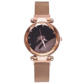 Detailed front view of women's rose gold quartz watch with swan motif and rhinestone dial - Black Watch Only