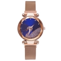 Detail of rose gold mesh band watch with a blue dial and rhinestone swan design - Blue Watch Only
