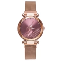 Detailed macro of rose gold mesh band watch with purple dial and crystal swan motif - Pink Watch Only