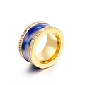 Golden titanium steel wide ring with blue marble inlay and sparkling crystals - US 6 / Gold Dark Blue Marble Style (KR33262-K)