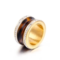 Golden titanium steel ring with leopard pattern inlay and sparkling side crystals - Gold Brushed Tortoiseshell Style (KR34138-K)
