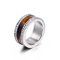 Unisex stainless steel ring with brown shell inlay and double-row cubic zirconia - Brushed Tortoiseshell Style (KR34989-K)