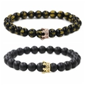Close-up of beaded crown bracelets featuring matte and polished black onyx with gold charms - Six-Word Mantra Small Crown C Set (Polished Mantra Beads + Rose Gold Small Crown/Matte Beads + Gold Small Crown)