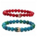 Turquoise kralenarmbanden voor koppels met roségouden micro-pave kroonaccenten op kralen - Rode Turkoois Roségouden Kroon Set