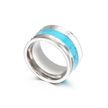 Polished stainless steel wide ring with blue turquoise inlay and mineral vein details - Silver Turquoise Pattern Style (KR35072-AD)