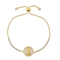 Adjustable gold Virgin Mary bracelet with shell inlay and white cubic zirconia pave - Style C-Clear Zirconia Edge
