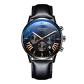 Herren-Quarzuhr Business mit schwarzem Lederarmband und blauem Chronographen-Zifferblatt - Schwarzes Gehäuse Roségold Skala Schwarzes PU-Armband