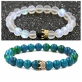 Bracelets de perles couronne pour couples en pierre de lune mate et effet marbre - Petite Couronne Pierre De Lune Style Double Couche