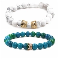 Set de bracelets élastiques en pierre de lune et perles mates avec couronnes et strass - Style Double Couche Double Couronne Turquoise Blanche