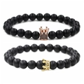 Mattschwarze Perlen-Paararmbänder Set mit roségoldenen und goldenen Metall-Kronenanhängern - Krone Aus Mattschwarzem Stein + Krone Aus Mattschwarzem Stein In Roségold Und Schwarzem Zirkonium