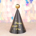 Festive black cone birthday party hat with gold glitter pompom and Happy Birthday text - Black Happy Birthday Sequin Ball Hat