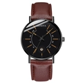 Detail of Geneva quartz watch with black dial, brown leather strap, and date display - Black Dial Black Case Brown Strap Orange Hands