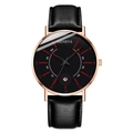 Detail of Geneva quartz watch with rose gold case, red markers, and date window - Black Dial Rose Gold Case Black Strap Red Hands