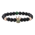Detail of crown bead bracelet with black matte stones and green marble accents - Matte Black Stone Rose Gold Green Zircon Crown