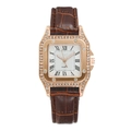 Detail view of square rose gold watch with crystal bezel and brown leather strap - Brown