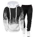Detail of men's black and white gradient hoodie set with distressed print and drawstring - M / White